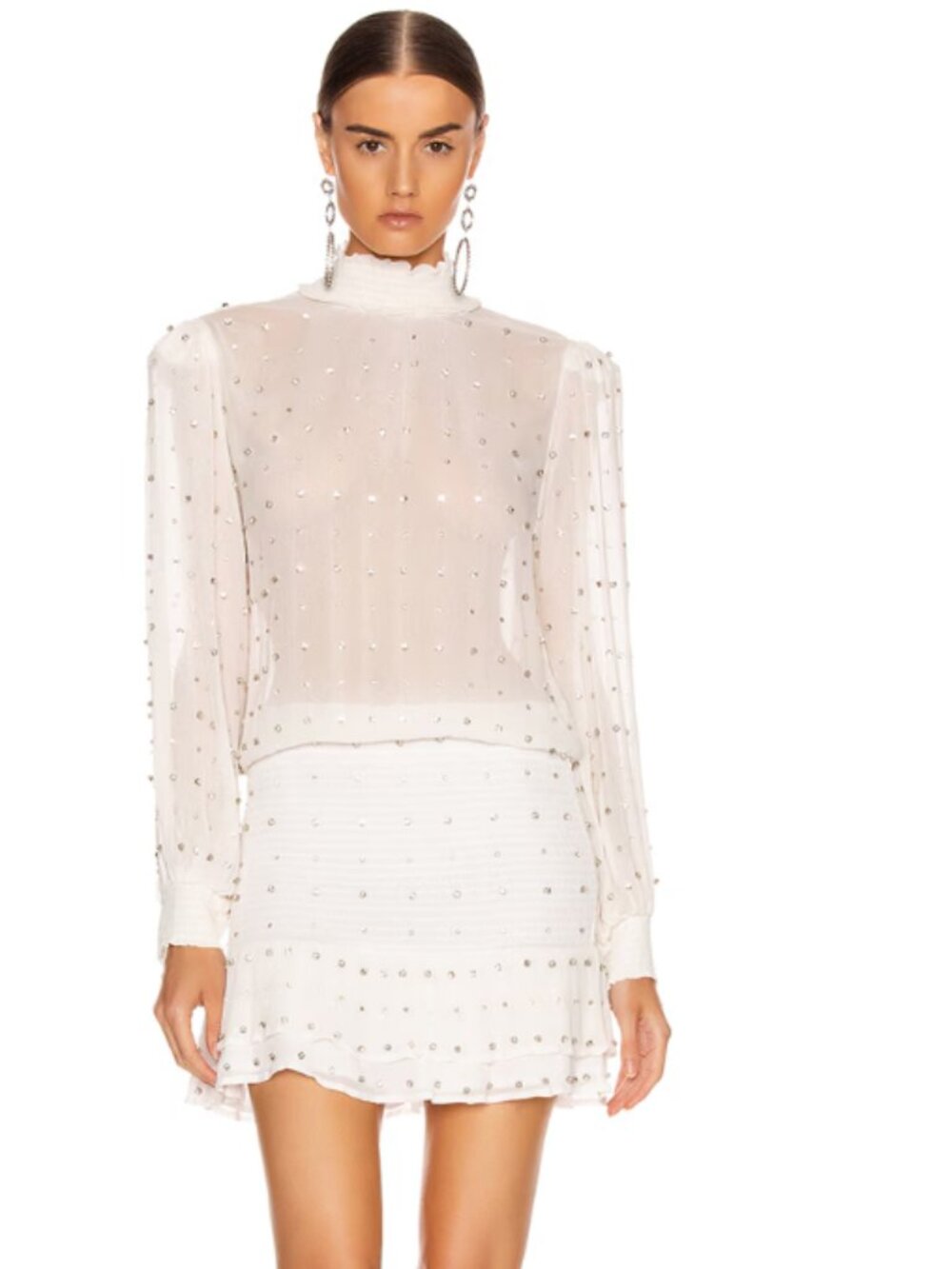Retrofete Hedy Crystal Embellished Silk White Smocked Long Sleeve Dress